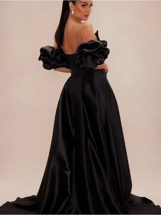 Off-Shoulder Black Satin Evening Gown with Puff Sleeves - Picture 4 of 4